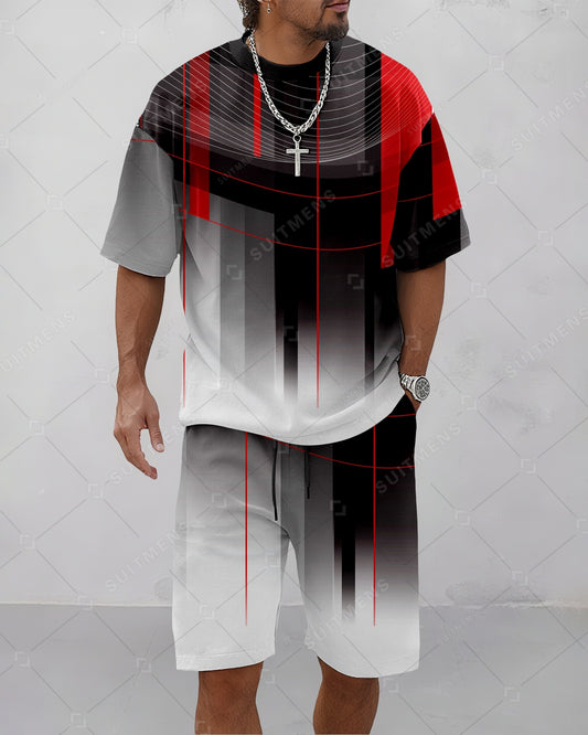 Men's Summer Colorblock Printed Round Neck Suit 059
