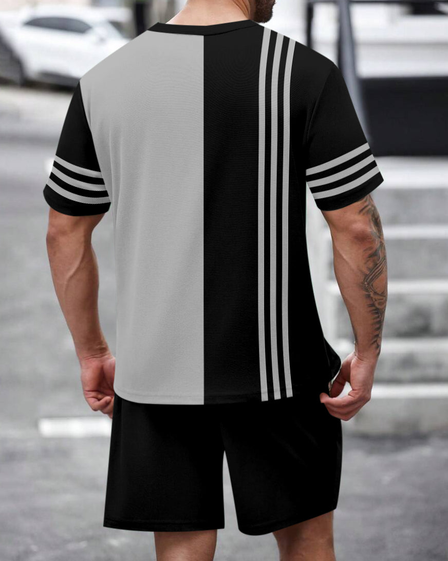 Men's Summer Colorblock Printed Round Neck Set 470