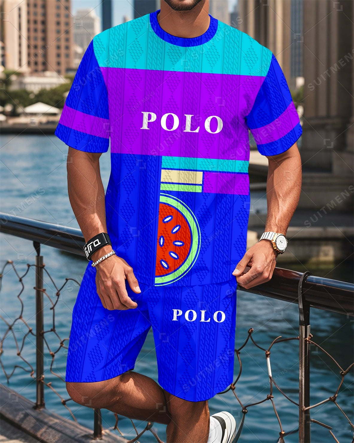 Men's Colorblock Round Neck Jacquard Texture Print Shorts Set  0014