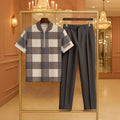 Men's Casual Coffee Color Matching Checkered Printed Zipper Short Sleeved Polo Shirt & Trousers Two-Piece Set
