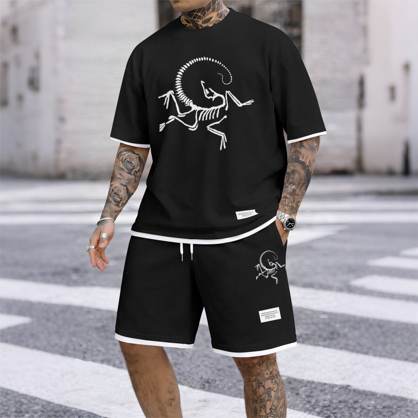 Men's Skeleton Bird Print Waffle Fabric Short-Sleeved Shirt And Shorts Set