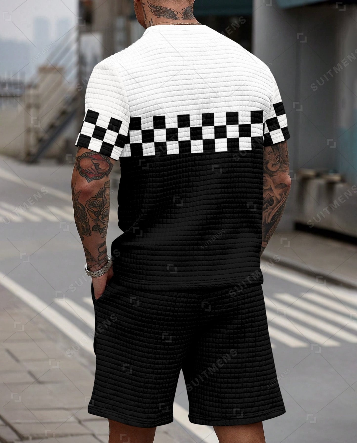 Men's Casual Waffle Textured Summer Round Neck Short Sleeve Shorts Set 0017