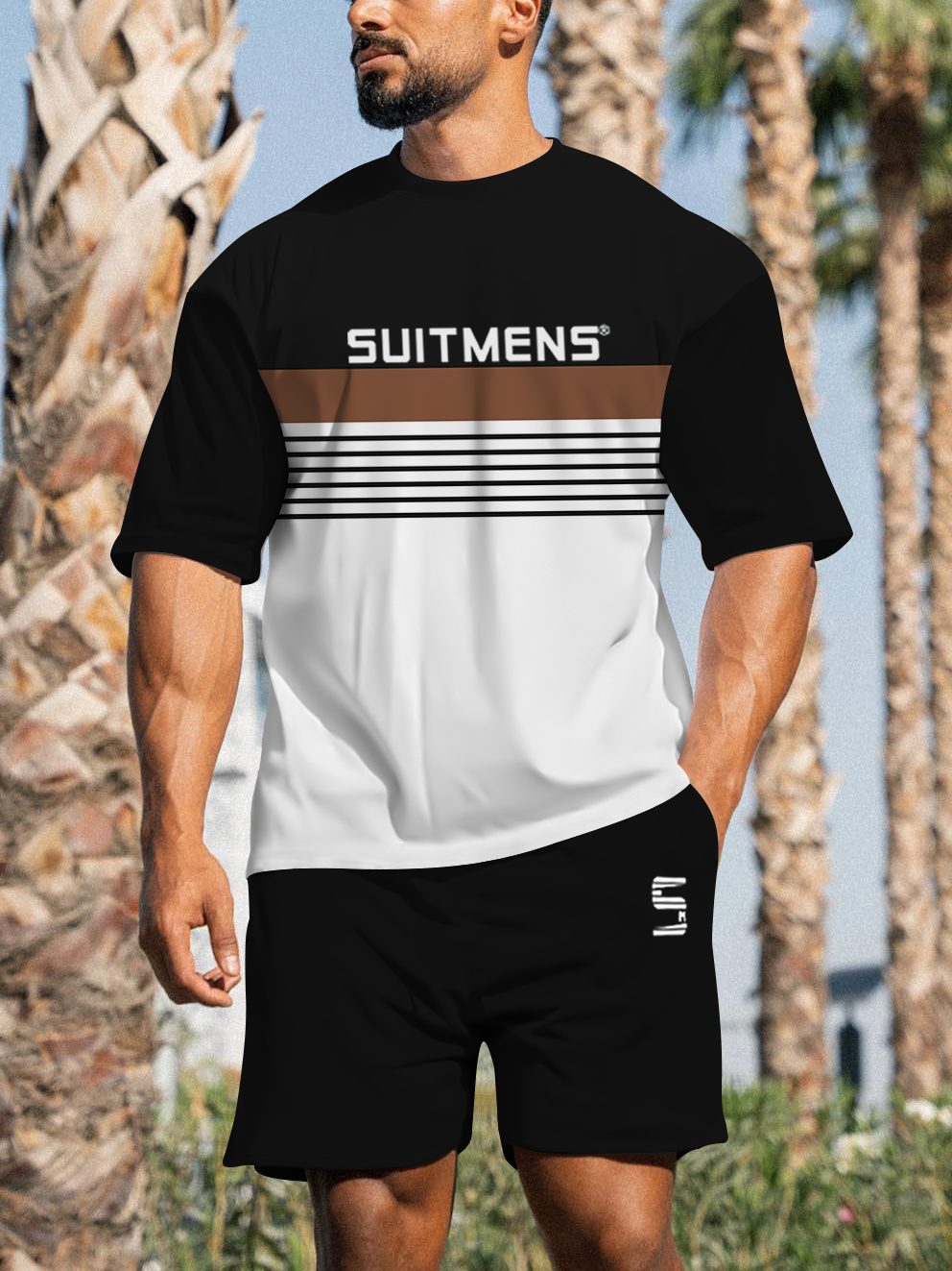 Suitemns Men's Casual Sports Street Simple Color Block Printed Shorts Suit 031