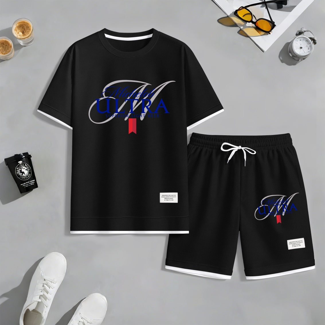 Men's Fitness Beer Print Waffle Fabric Short-Sleeved Shirt And Shorts Set