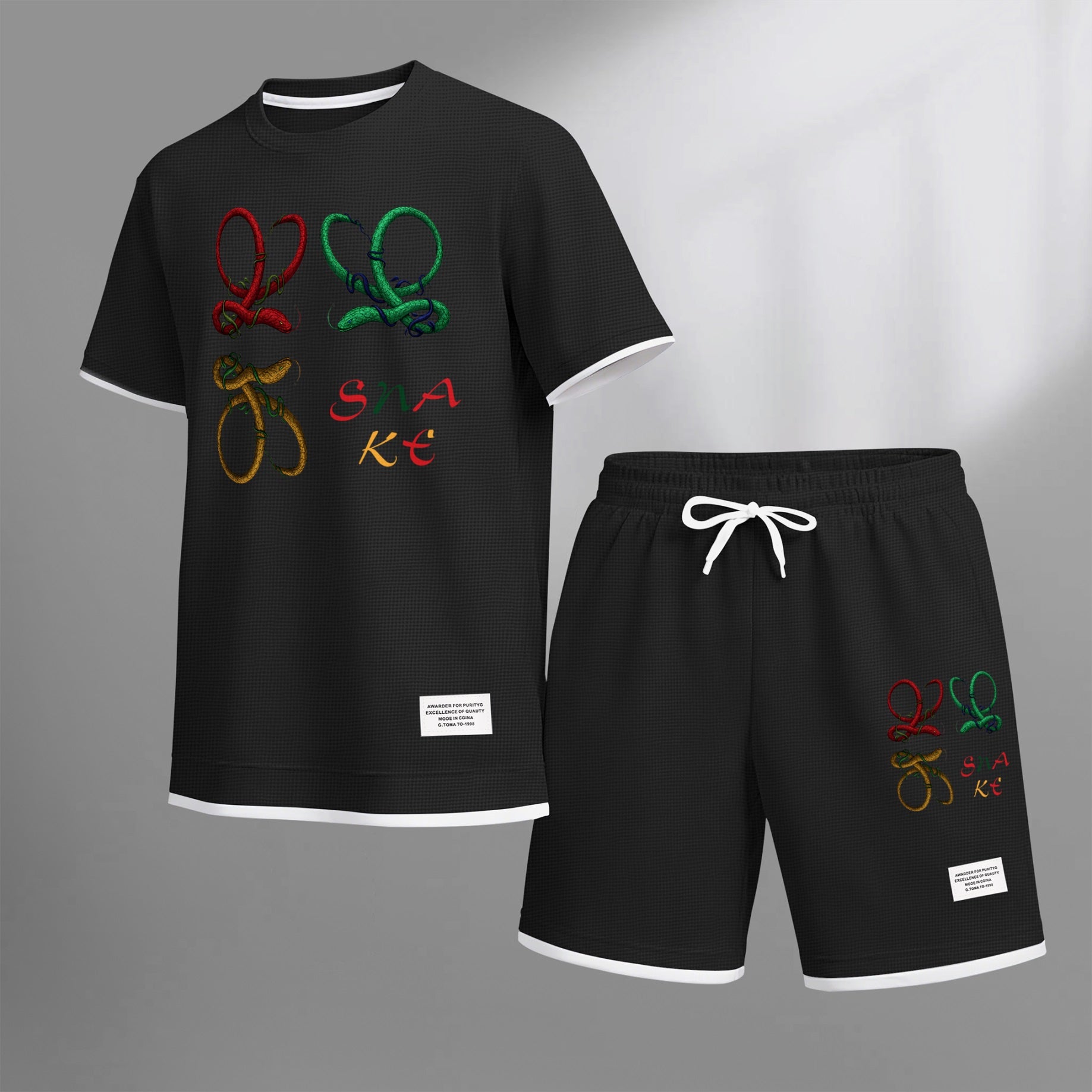 Men's Colorful Snake Shaped Letter Graphic Print Waffle Short Sleeve T-Shirt & Shorts Set, Summer Lightweight Casual Sporty Two-Piece Outfit, Streetwear for Gym & Daily Wear