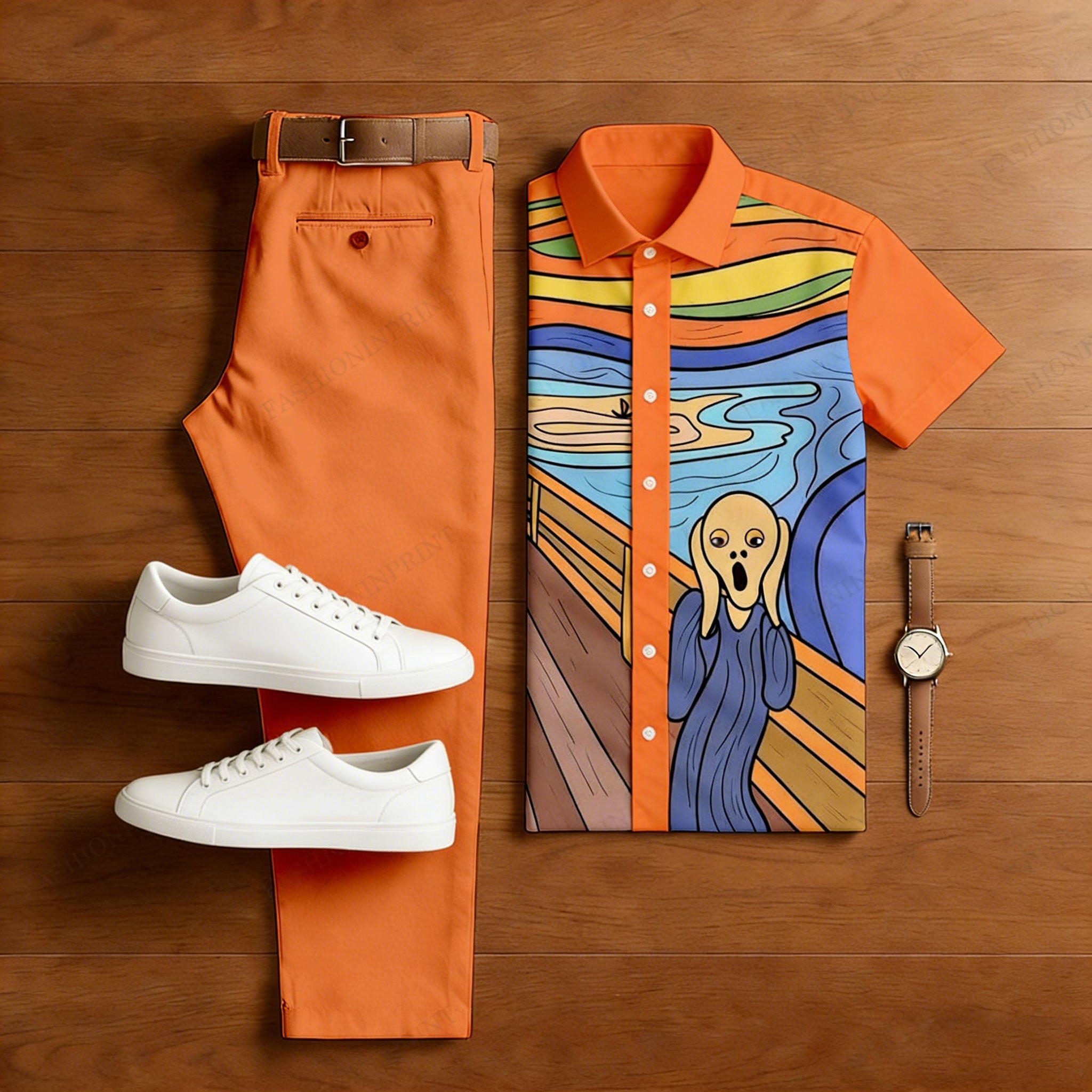 Men's Casual Orange Monk Printed Polo Shirt And Trousers Two-Piece Set 204032