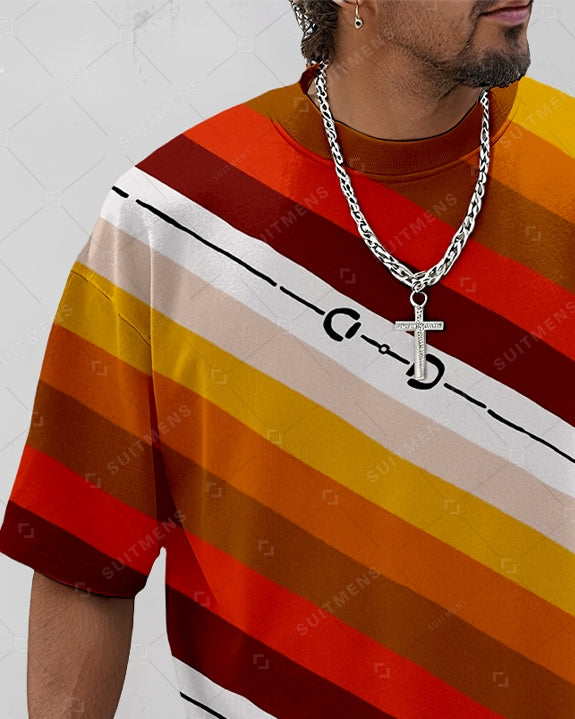 Men's Summer Colorblock Printed Round Neck Suit 088