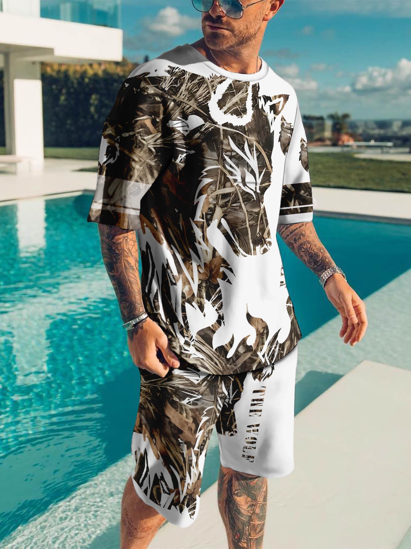 Men's Summer Retro Printed Round Neck Set 938