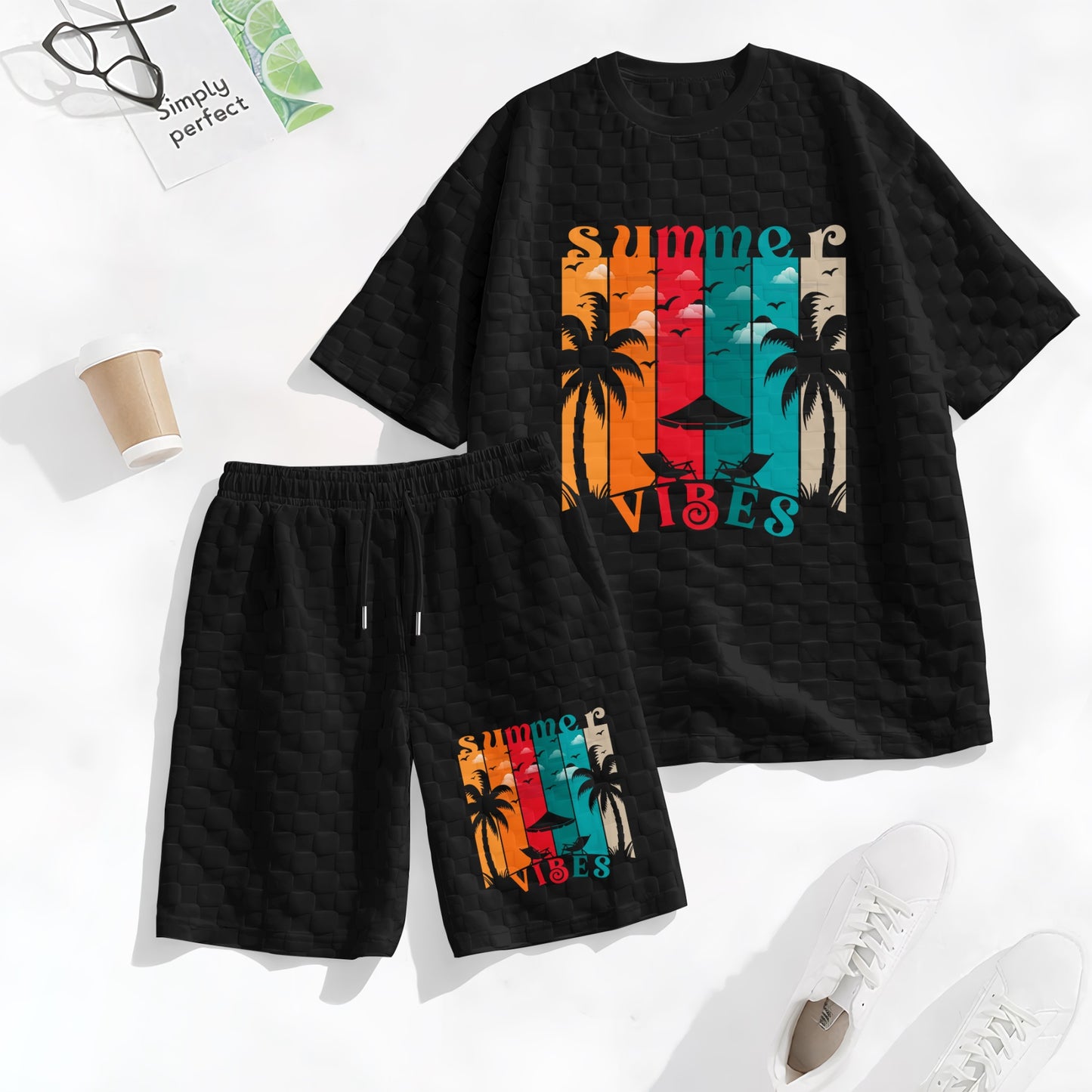 Men's Hawaiian Graphic Print Spring And Summer Drawstring Shorts Set, A Casual Summer Outfit, Including A Short-Sleeved Shirt And Shorts, Suitable For Everyday Wear And Sports Activities. A Two-Piece Set For A Relaxed And Active Lifestyle.