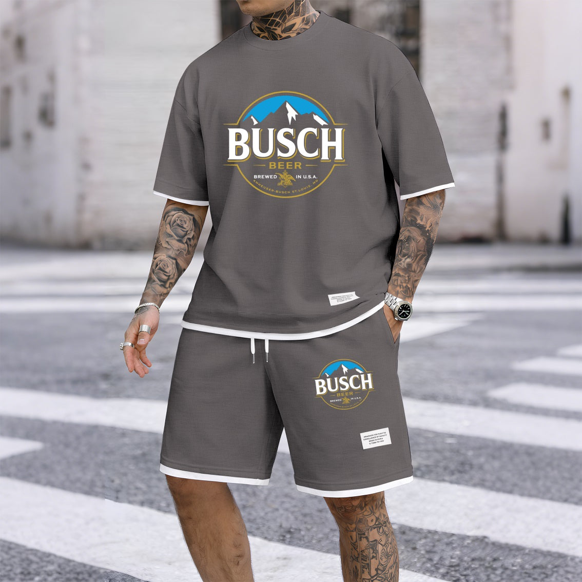 Men's Retro Draft Beer Print Waffle Fabric Short-Sleeved Shirt And Shorts Set