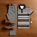 Men's Casual Multi Gray Color Matching Striped Printed Short Sleeved Polo Shirt & Trousers Two-Piece Set