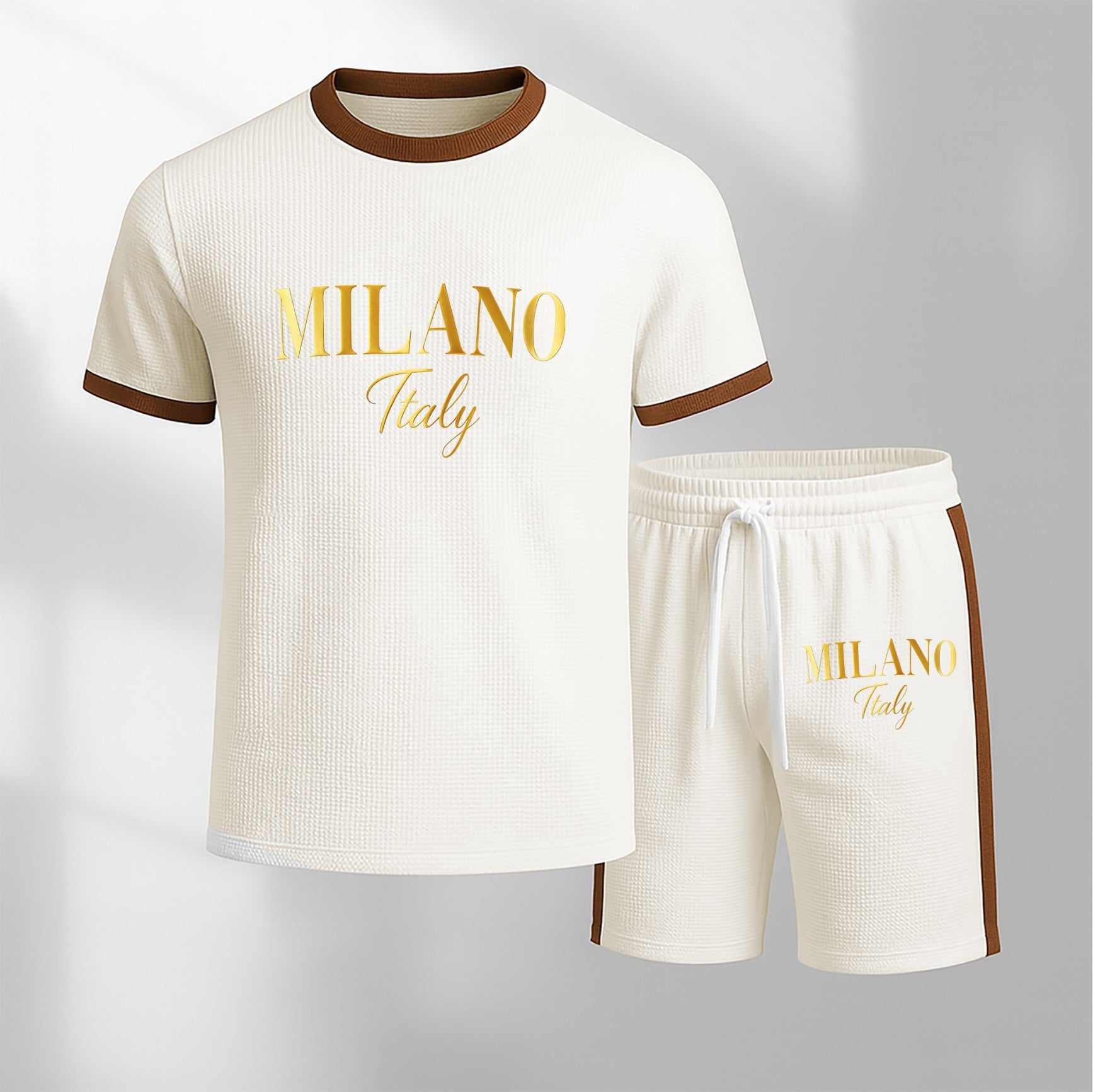 Men's Milan Letter Pattern Short-Sleeve T-Shirt and Drawstring Shorts Set, Men's Clothing, Casual Sportswear Short-Sleeve Top and Shorts, Summer Men's Everyday Wear, Indoor and Outdoor Sportswear, Sports Set