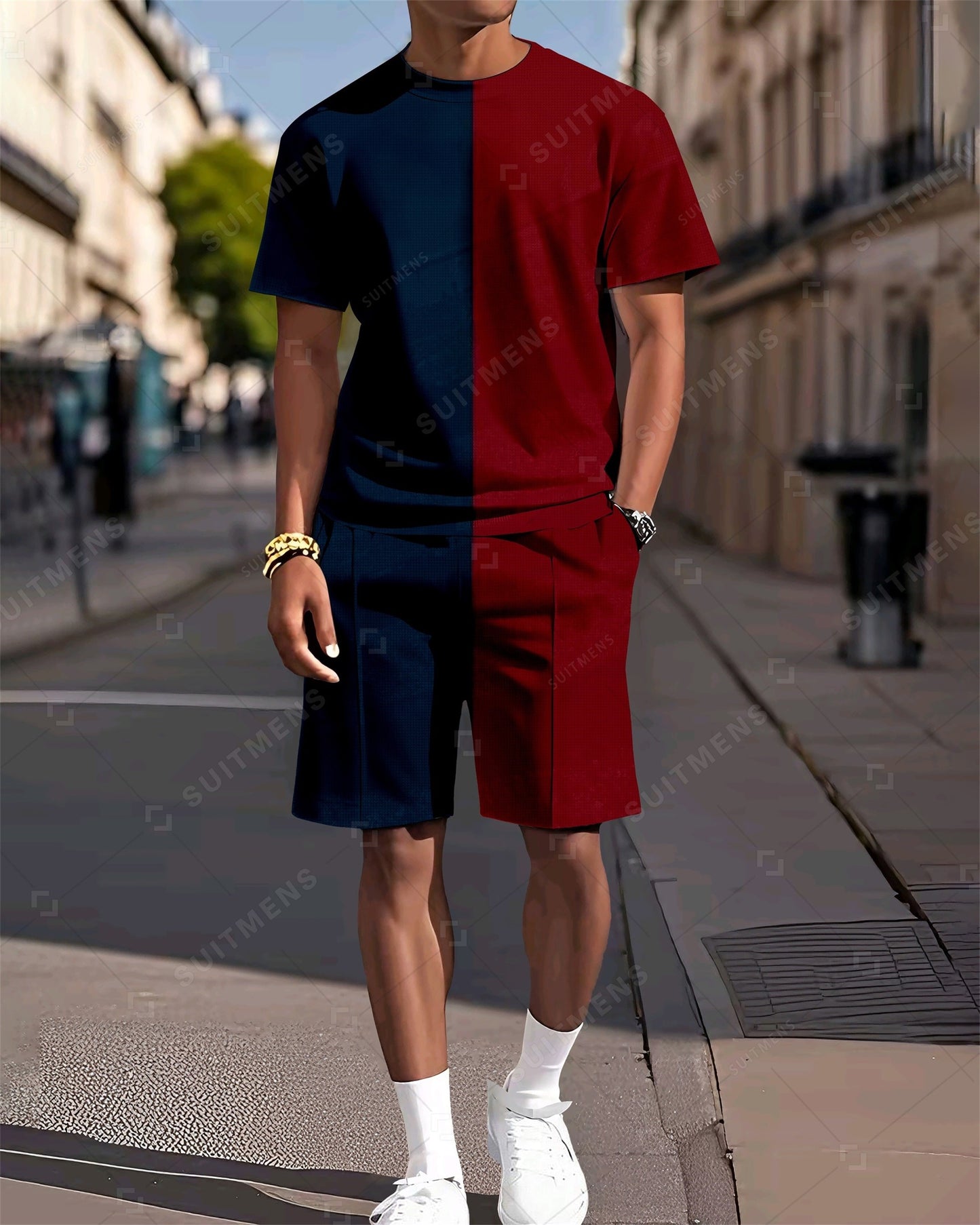 Men's Colorblock Printed Casual Summer Round Neck Set 2033
