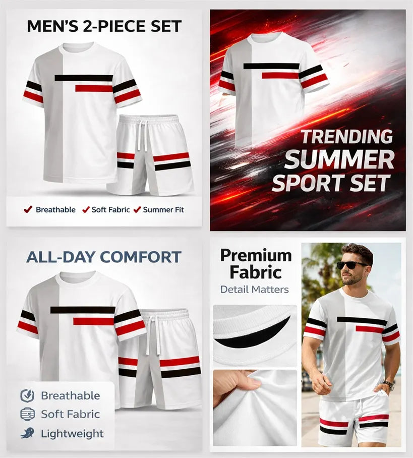 Men’s Summer 2 Piece Shorts Set, Color Block Short Sleeve T Shirt and Drawstring Shorts Matching Outfit, Lightweight Breathable Casual Tracksuit for Daily Wear, Streetwear, Vacation, Travel, Beach, Workout and Lounging