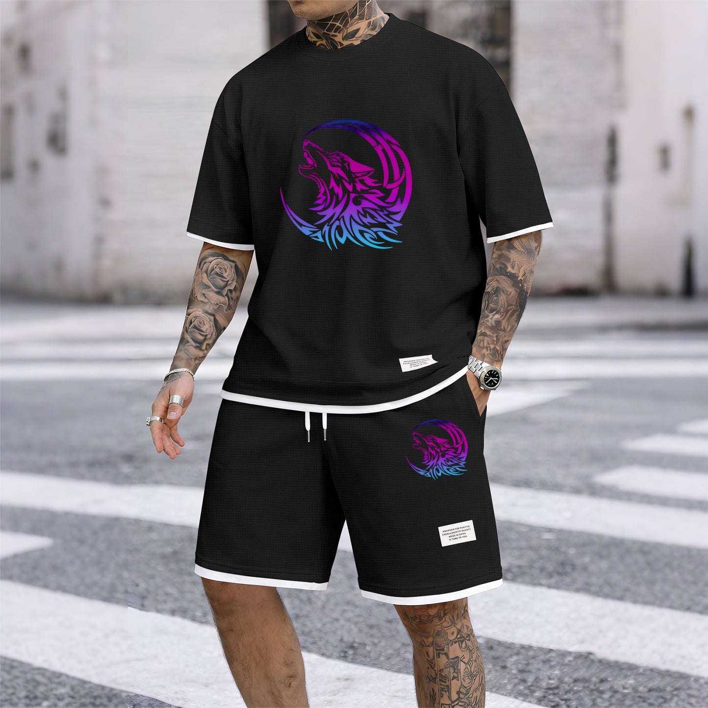 Men's Gradient Wolf & Moon Graphic Print Waffle Short Sleeve T-Shirt & Shorts Set, Summer Lightweight Sporty Casual Two-Piece Outfit, Streetwear for Gym & Daily Wear