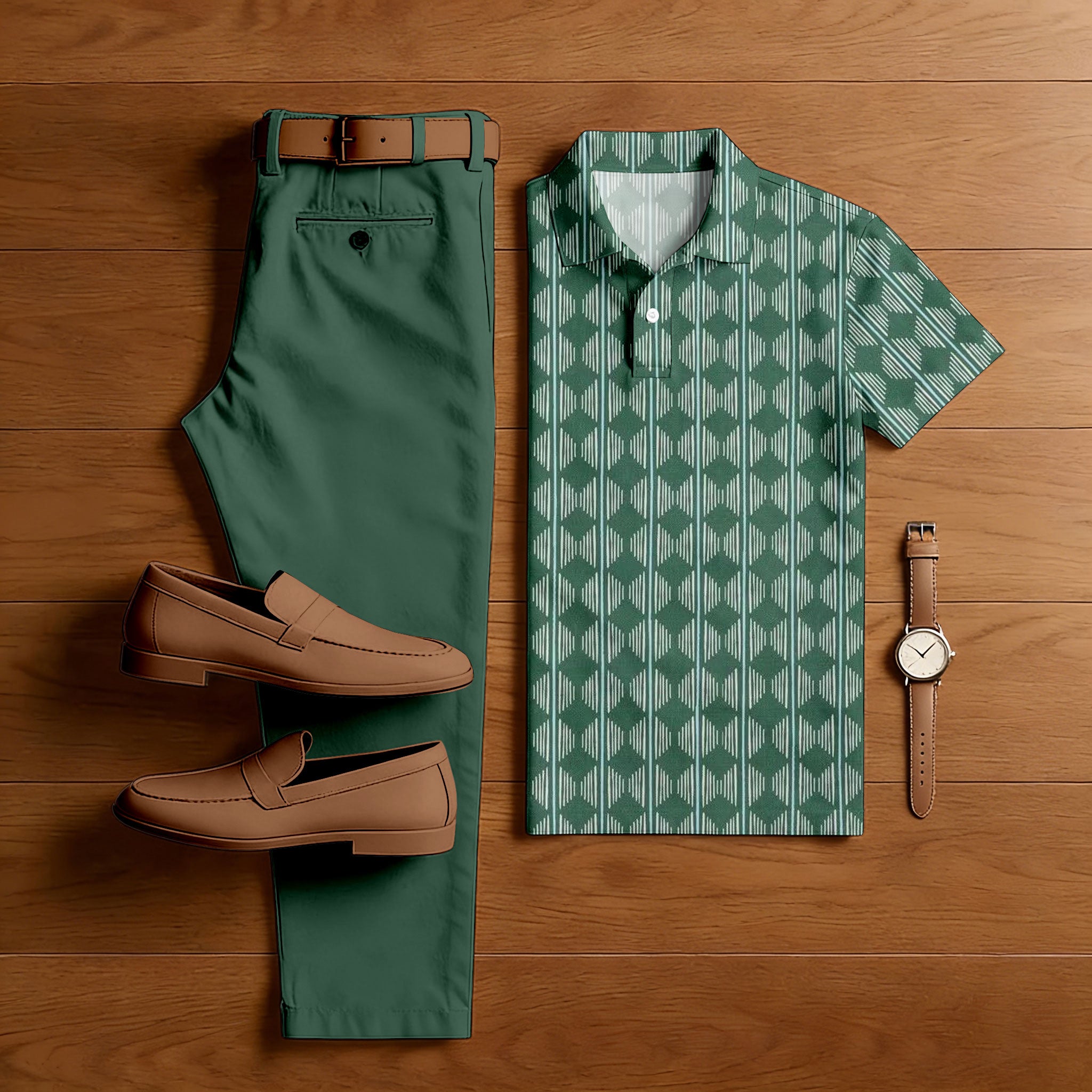 Men's Casual Green & White Color Matching Retro Style Printed Short Sleeved Polo Shirt & Trousers Two-Piece Set