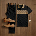 Men's Casual Black & Brown Color Matching Retro Style Checkered Printed Short Sleeved Polo Shirt & Trousers Two-Piece Set
