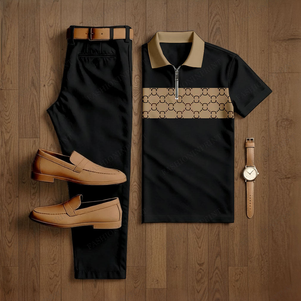 Men's Casual Black & Brown Color Matching Retro Style Checkered Printed Short Sleeved Polo Shirt & Trousers Two-Piece Set