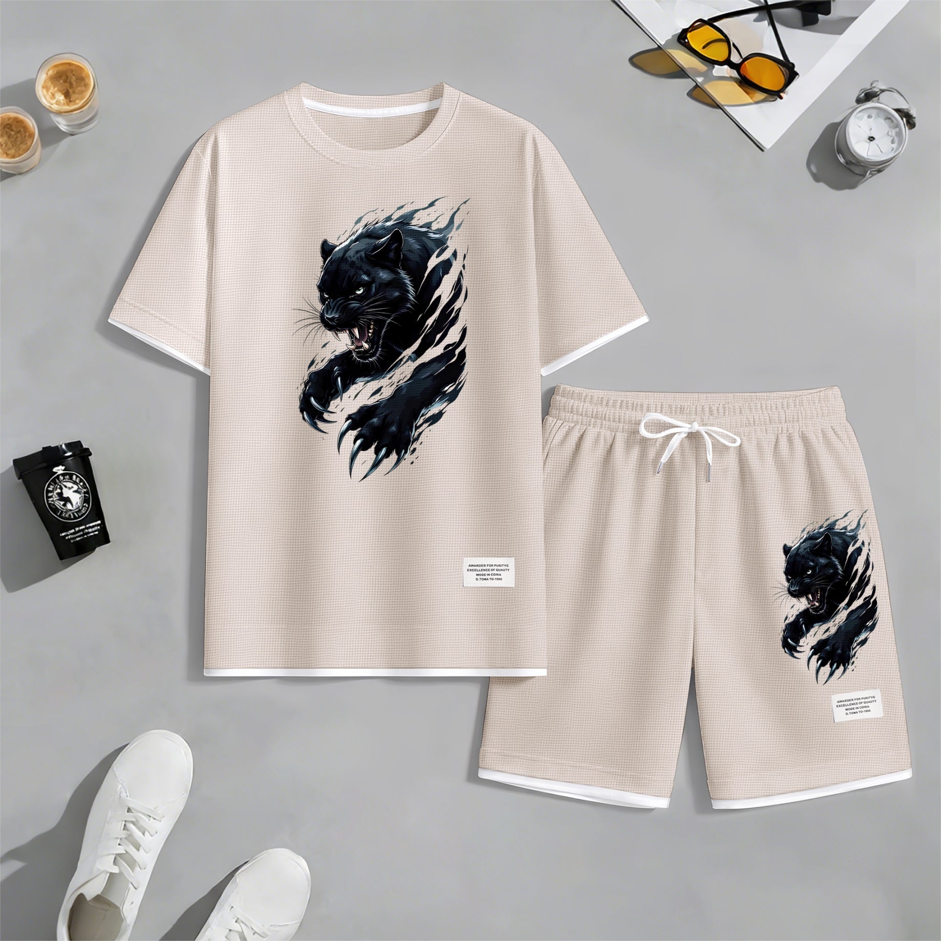 Men's Black Panther Graphic Print Waffle Short Sleeve T-Shirt & Shorts Set, Summer Lightweight Sporty Casual Two-Piece Outfit, Streetwear for Gym & Daily Wear