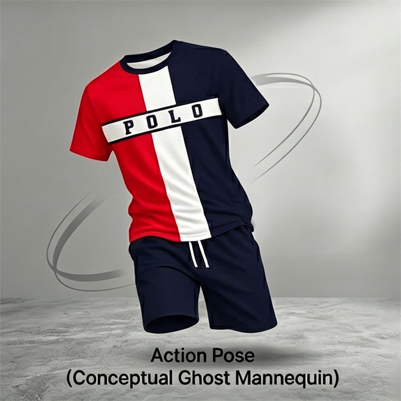 Men’s Casual Short Sleeve T Shirt and Shorts Set, Red White Blue Color Block Summer 2 Piece Outfit, Soft Breathable Matching Set for Beach, Outdoor Activities, Travel, Workout, and Everyday Style