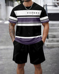 Men's Summer Colorblock Printed Round Neck Set 468