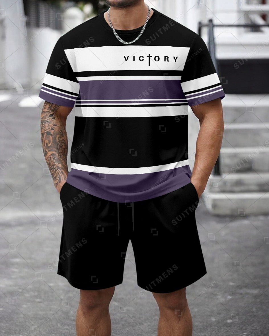 Men's Summer Colorblock Printed Round Neck Set 468