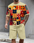 Men's Summer Colorblock Printed Round Neck Set 809