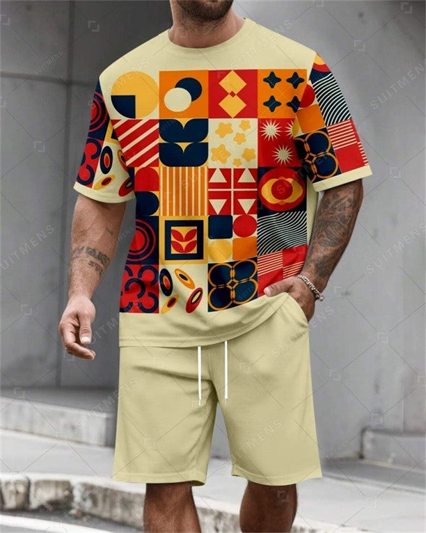 Men's Summer Colorblock Printed Round Neck Set 809