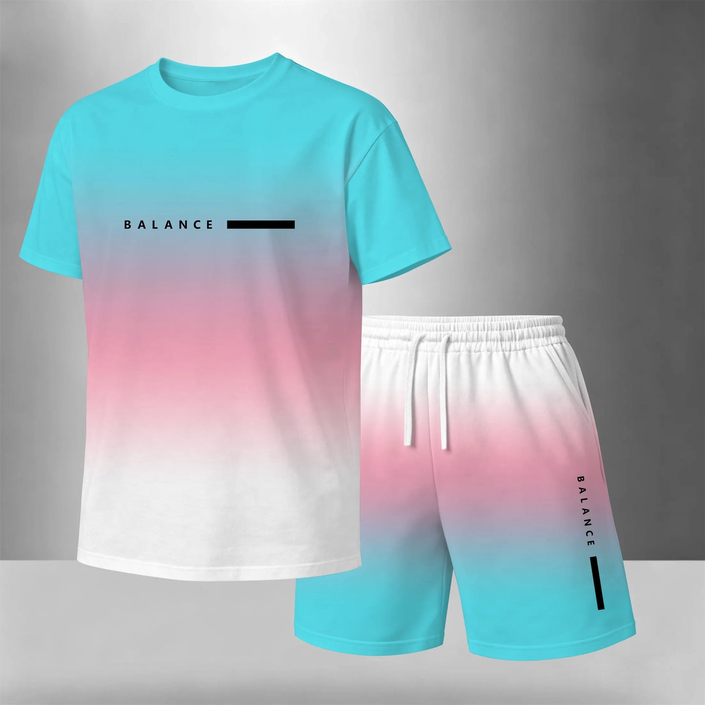 Men’s Summer 2 Piece Set, Gradient Color Short Sleeve T Shirt and Drawstring Shorts Matching Outfit, Lightweight Breathable Casual Set for Beach, Vacation, Gym, Travel, Running, and Daily Wear