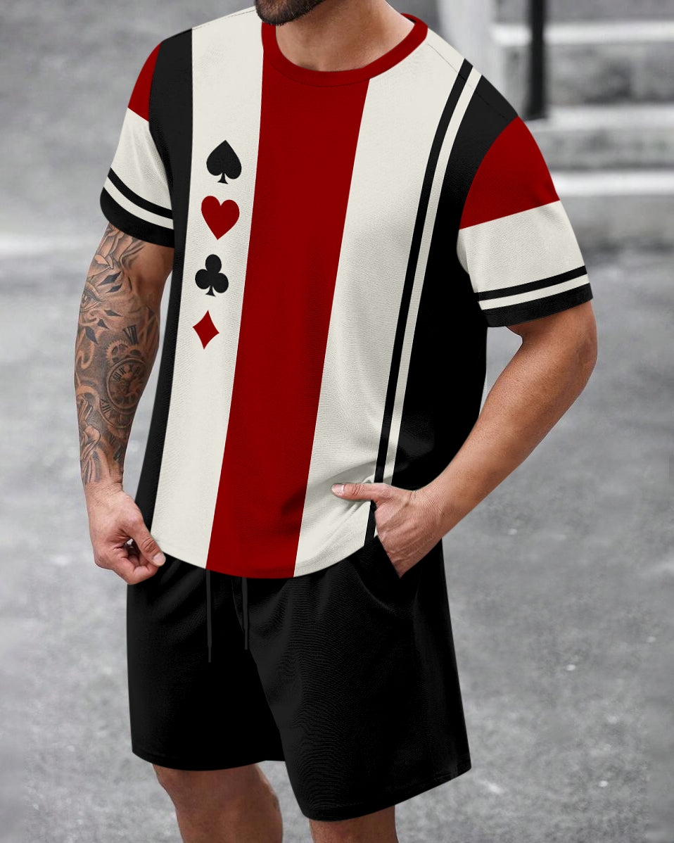 Men's Summer Colorblock Printed Round Neck Set 475