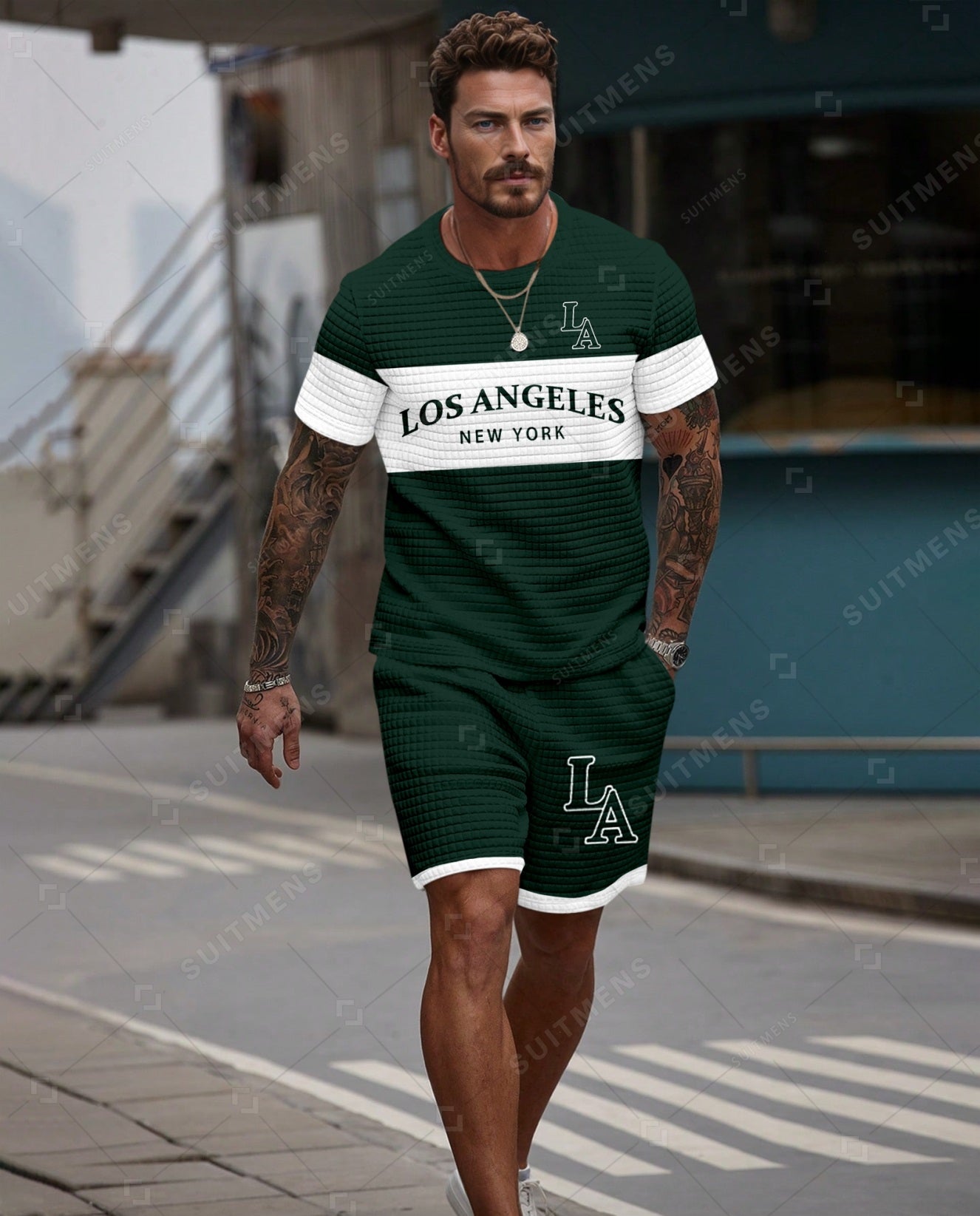 Men's Casual Waffle Textured Summer Round Neck Short Sleeve Shorts Set 0011