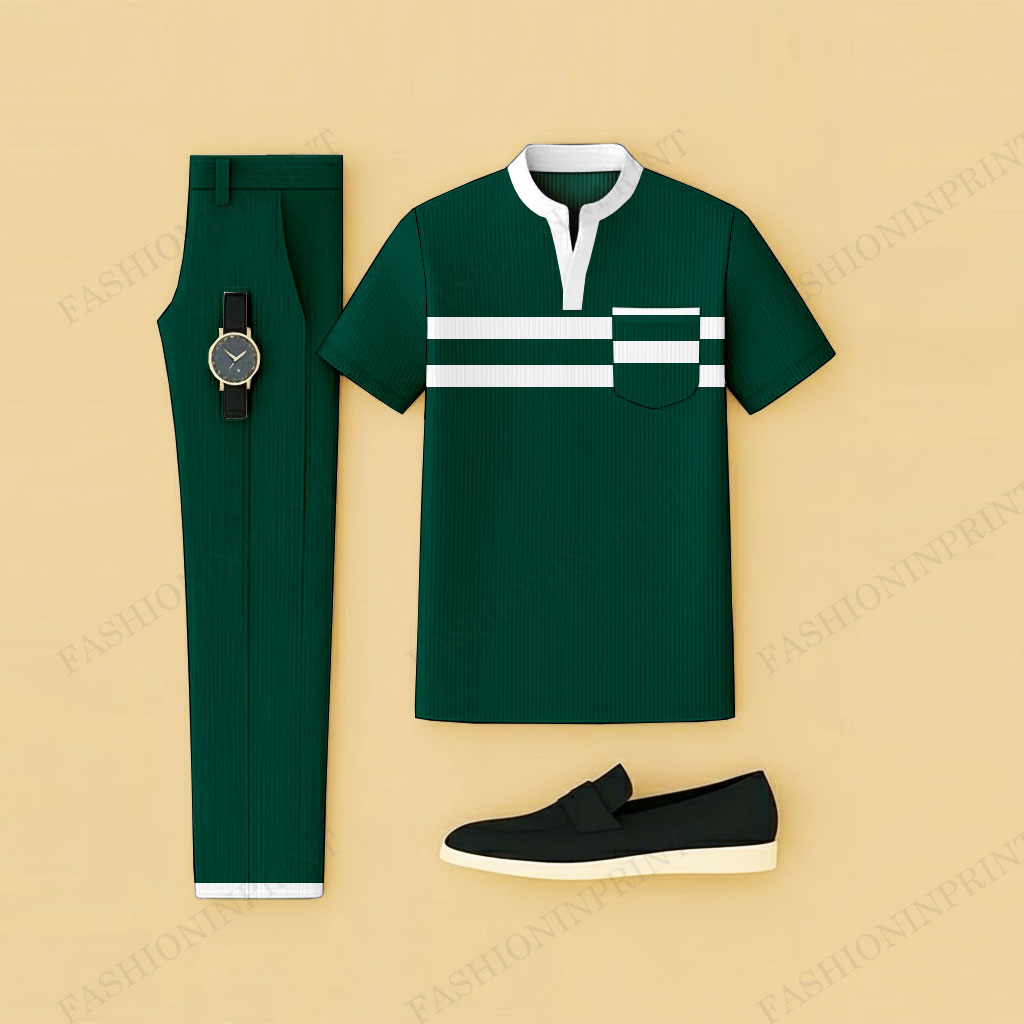 Men's Casual Dark Green Geometric Printed Short-Sleeve T-Shirt And Pants Two-Piece Set