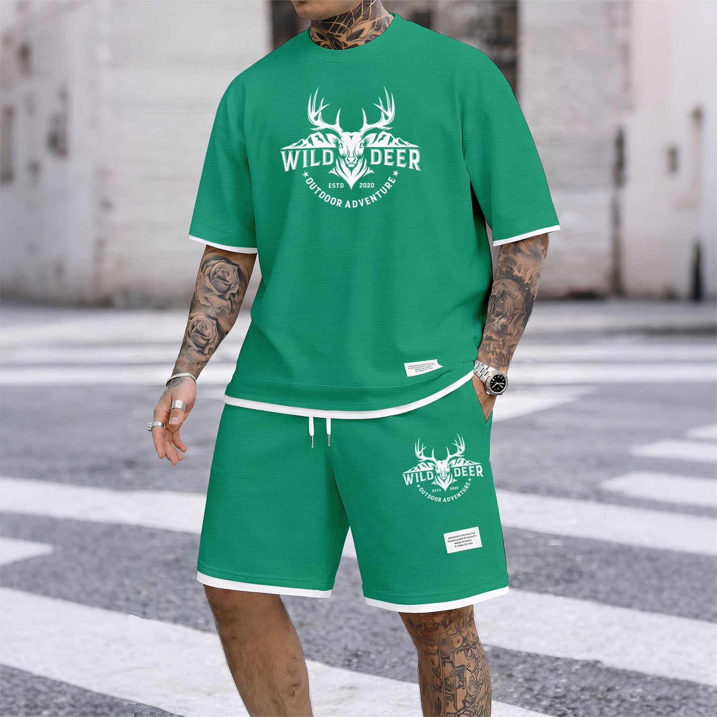 Men's Wild Deer Graphic Print Waffle Short Sleeve T-Shirt & Shorts Set, Summer Lightweight Outdoor Adventure Sporty Casual Two-Piece Outfit, Streetwear for Gym & Daily Wear