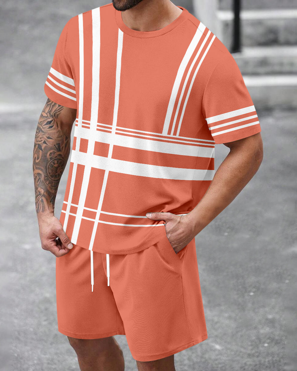 Men's Summer Colorblock Printed Round Neck Set 466