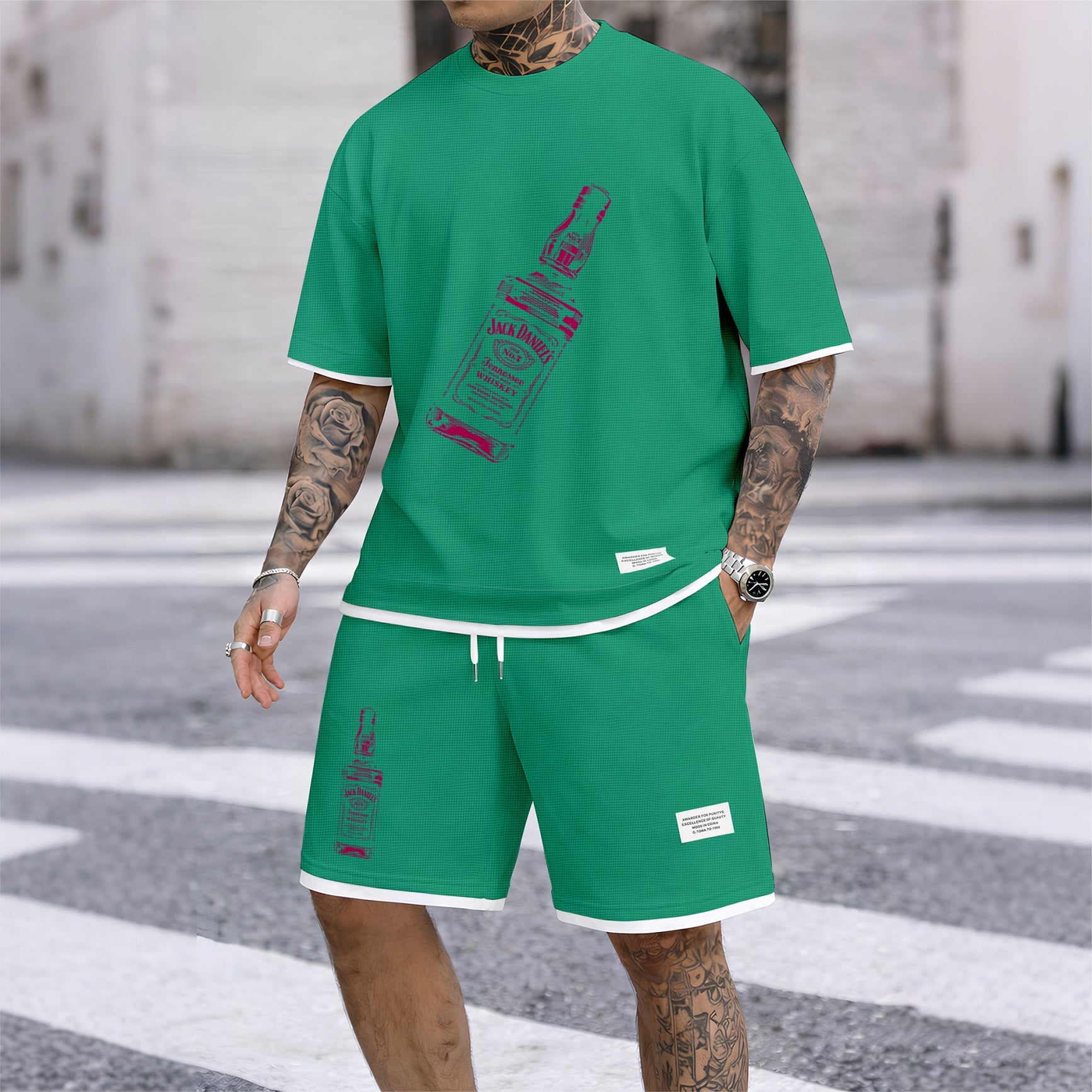Men's Beer And Beverage Printed Drawstring Shorts Set, Suitable For Spring And Summer Wear, Casual Summer Set, Including Short-Sleeved Shirt And Shorts, Suitable For Everyday Wear And Sports 07