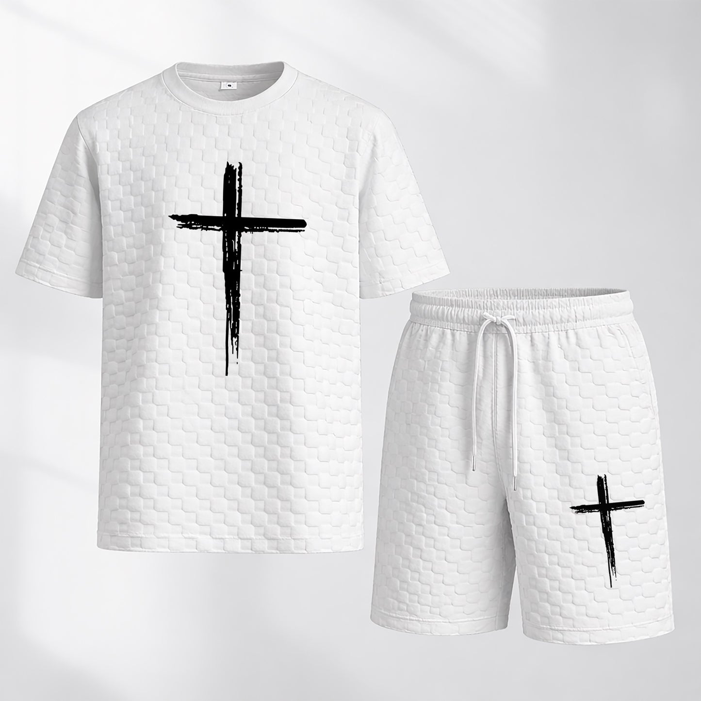 Men's Spring and Summer Cross Print Checkered Fabric Drawstring Shorts Set, Casual Summer Outfit with Short-Sleeved Shirt and Shorts, Ideal for Everyday Wear and Sports Activities