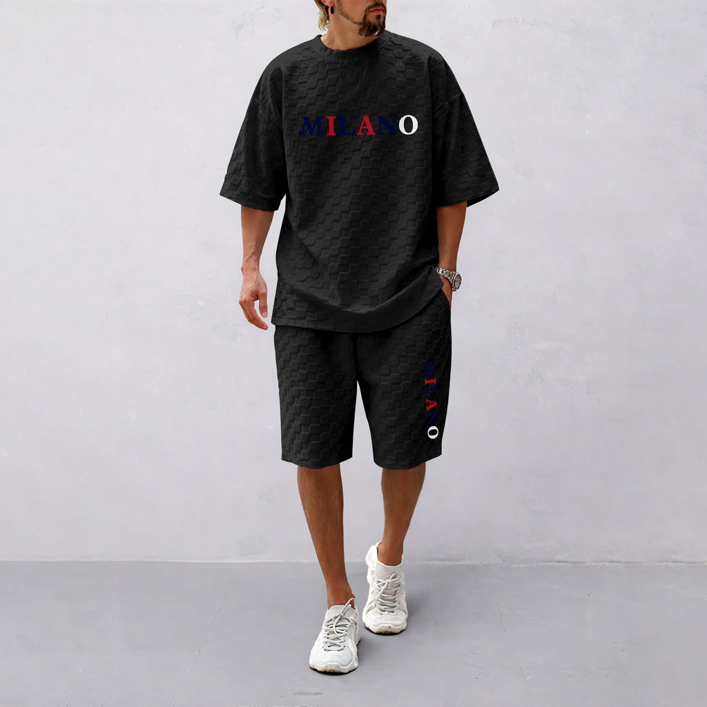 Men's Spring and Summer 'MILANO' Letter Print Checkered Fabric Drawstring Shorts Set, Casual Summer Outfit with Short-Sleeved Shirt and Shorts, Ideal for Everyday Wear and Sports Activities