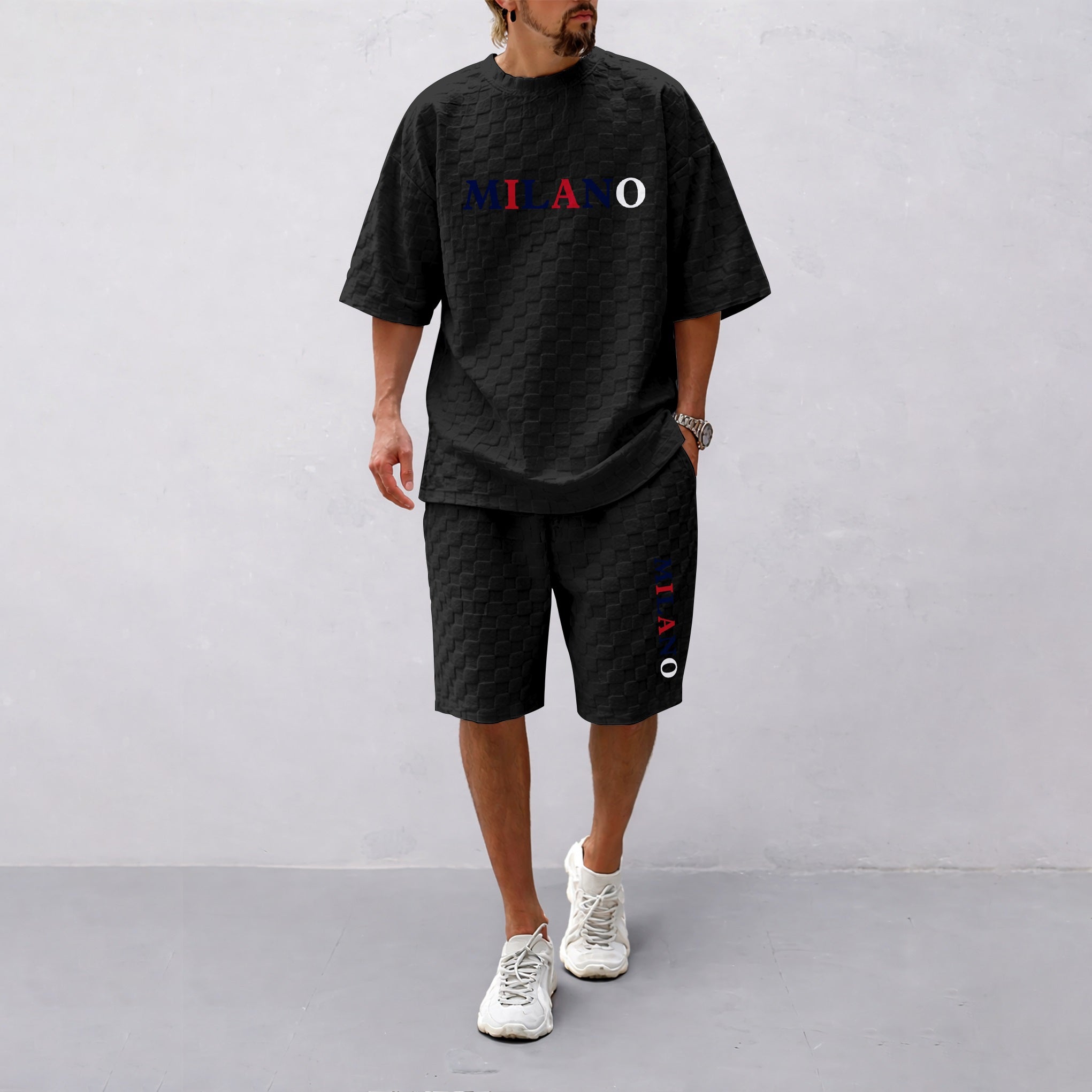 Men's Spring and Summer 'MILANO' Letter Print Checkered Fabric Drawstring Shorts Set, Casual Summer Outfit with Short-Sleeved Shirt and Shorts, Ideal for Everyday Wear and Sports Activities
