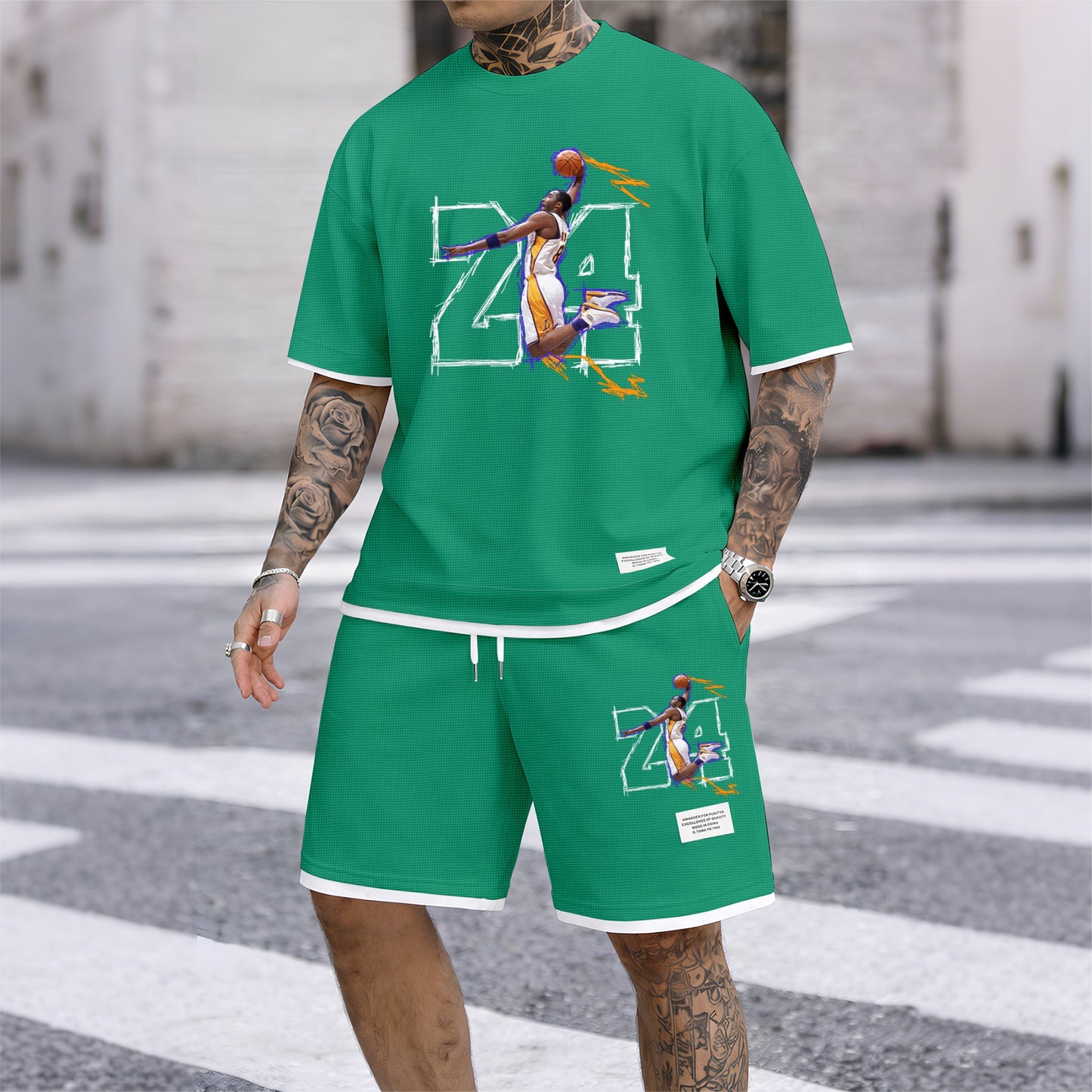 Men's No.24 Basketball Dunk Art Print Short Sleeve T-Shirt & Shorts Set, Summer Lightweight Waffle Sporty Casual Two-Piece Outfit, Streetwear for Basketball, Gym & Daily Wear