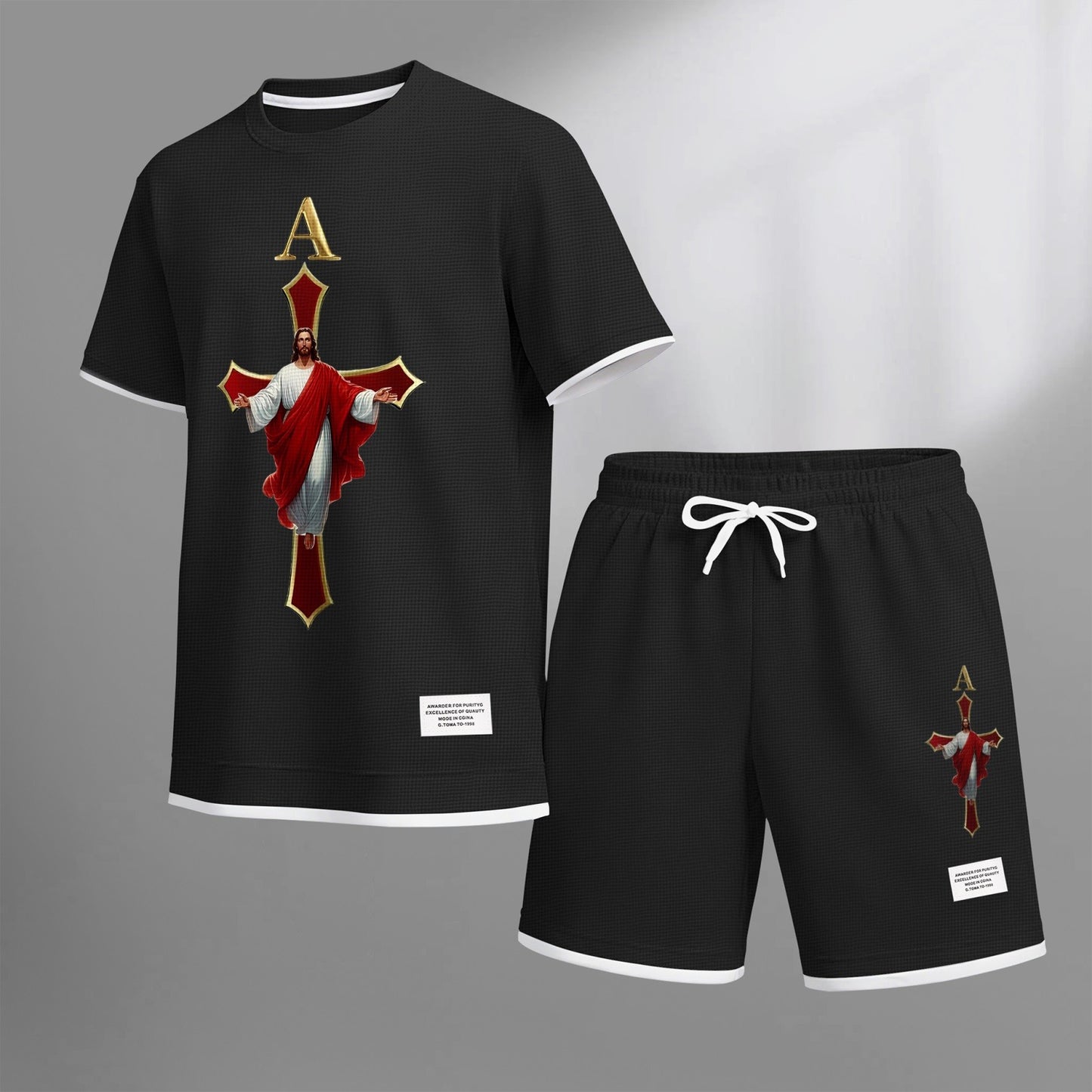 Men's Jesue print drawstring shorts set for spring/summer, a casual summer outfit including a short-sleeved shirt and shorts, suitable for everyday wear and sports. A two-piece set for a relaxed and energetic lifestyle.