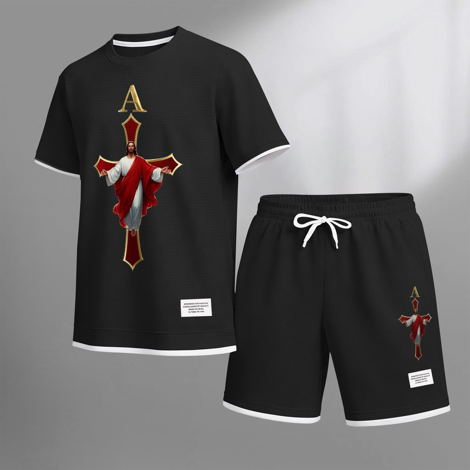 Men's Jesue print drawstring shorts set for spring/summer, a casual summer outfit including a short-sleeved shirt and shorts, suitable for everyday wear and sports. A two-piece set for a relaxed and energetic lifestyle.
