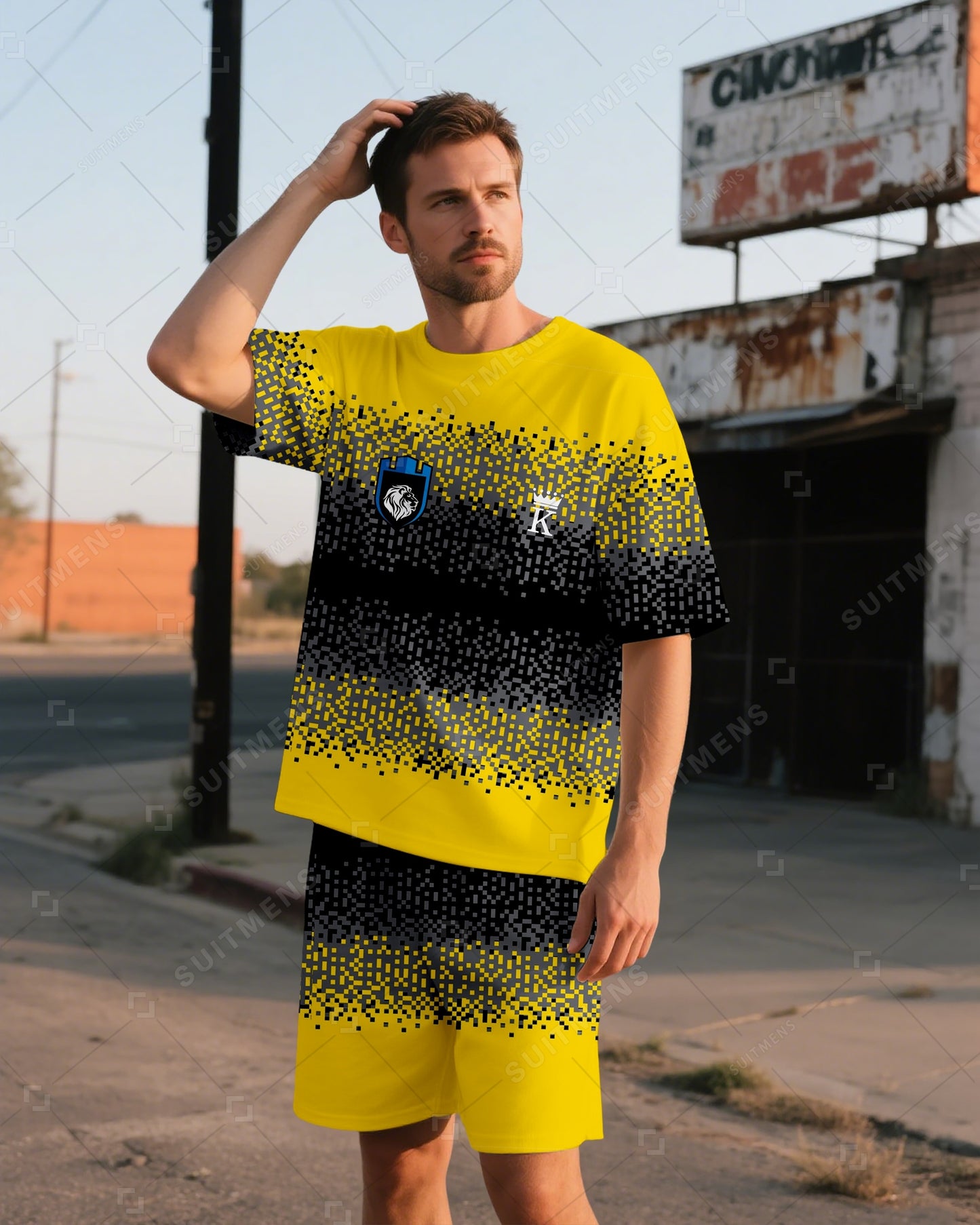 Men's Summer Colorblock Printed Round Neck Suit 06