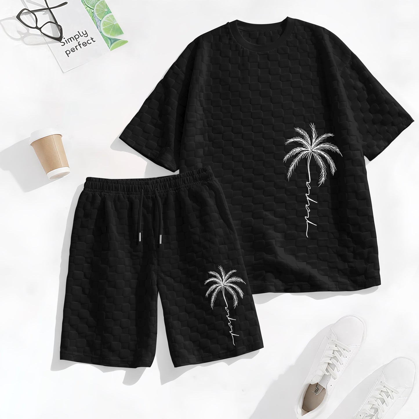 Men's Spring and Summer Palm Tree Print Checkered Fabric Drawstring Shorts Set, Casual Summer Outfit with Short-Sleeved Shirt and Shorts, Ideal for Everyday Wear and Sports Activities.