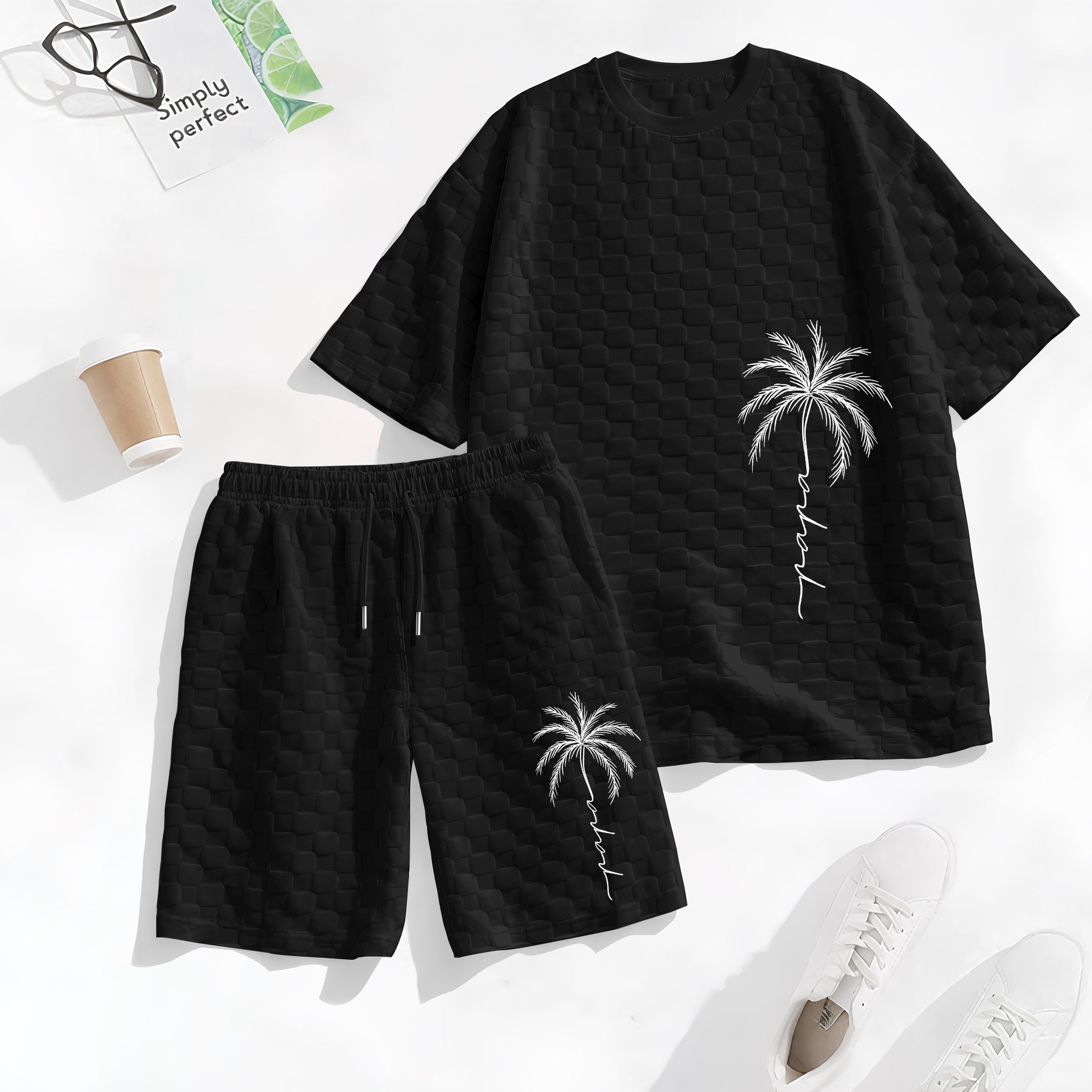 Men's Spring and Summer Palm Tree Print Checkered Fabric Drawstring Shorts Set, Casual Summer Outfit with Short-Sleeved Shirt and Shorts, Ideal for Everyday Wear and Sports Activities.