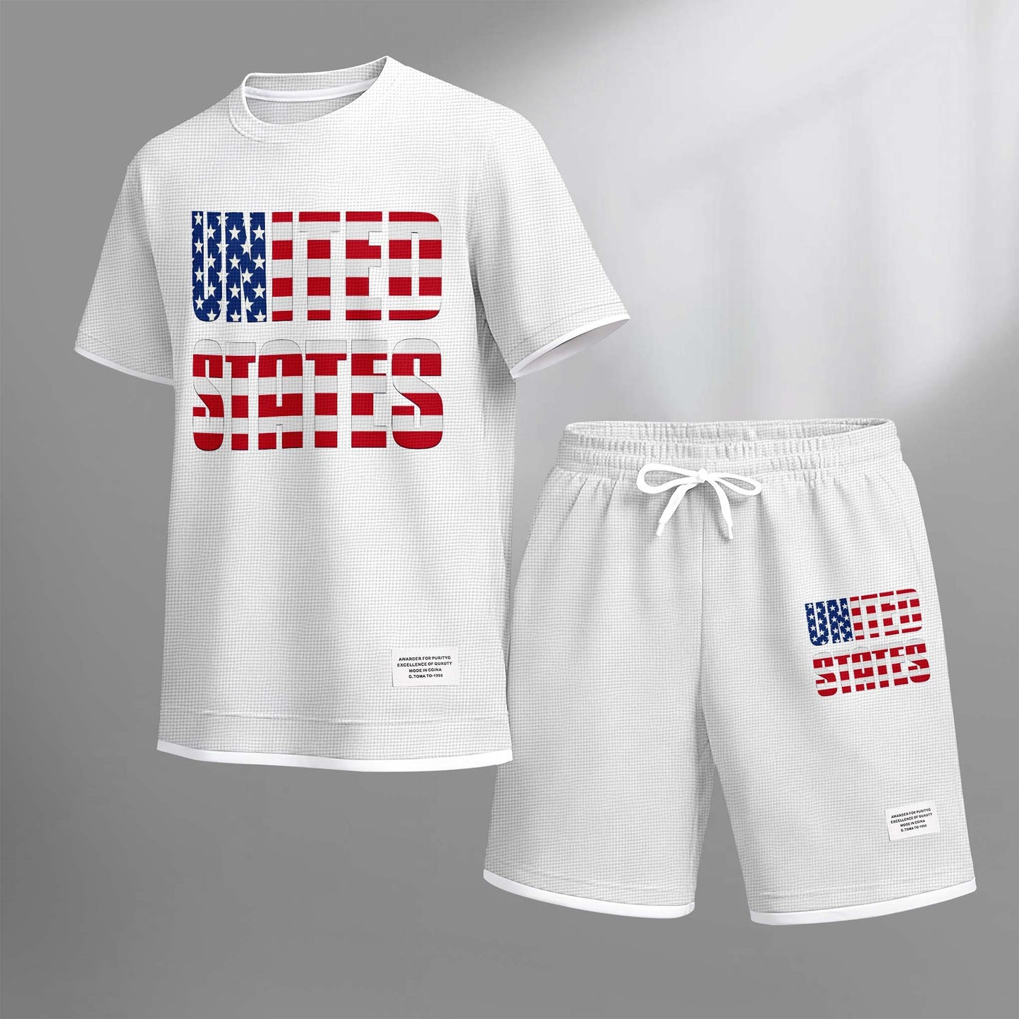 Men's United States Print Drawstring Shorts Set For Spring/Summer. A Casual Summer Outfit, Including A Short-Sleeved Shirt And Shorts, Suitable For Everyday Wear And Sports. A Two-Piece Set For A Relaxed And Energetic Lifestyle.