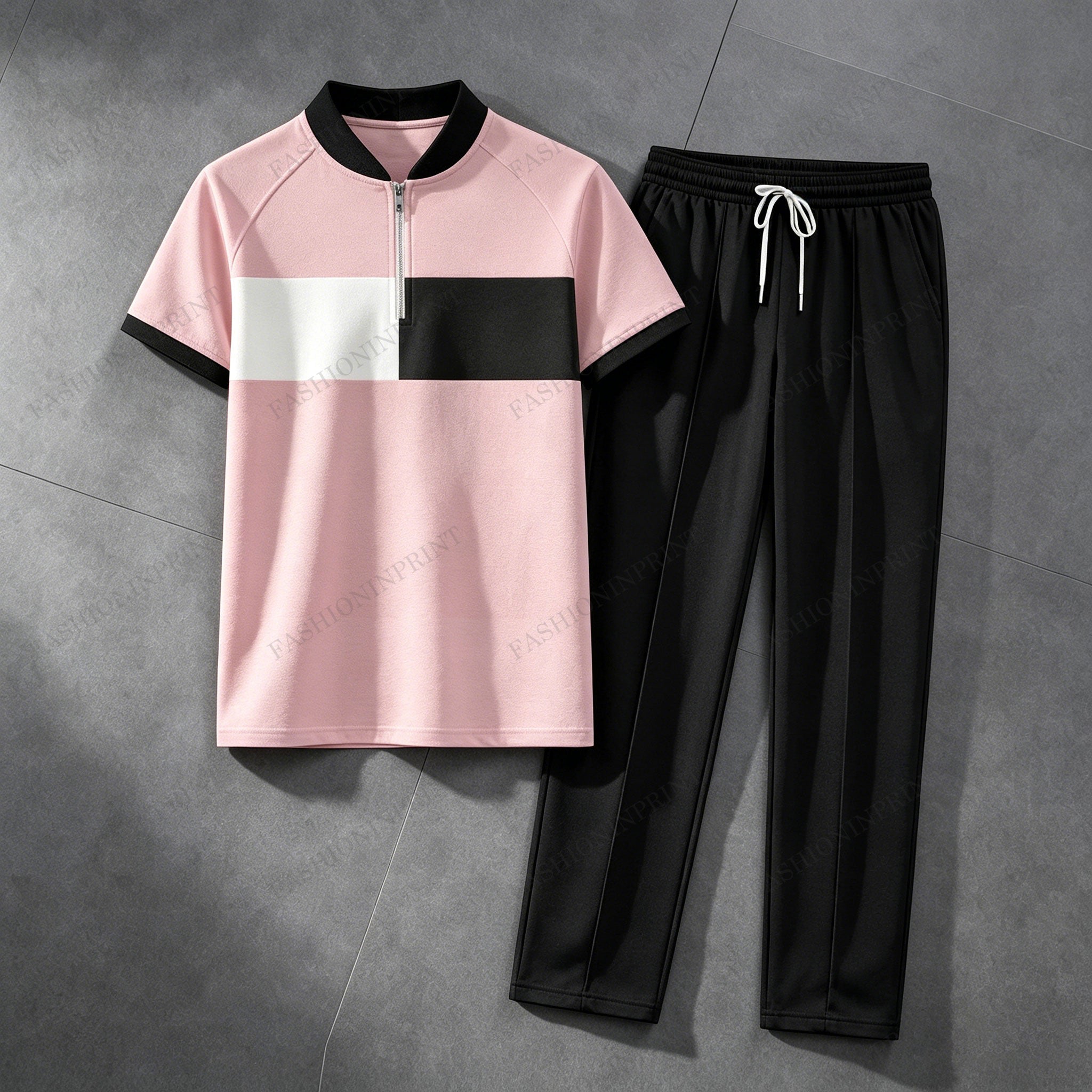 Men's Casual Pink Geometric Print Crew Neck Short-Sleeve Shirt & Long Pants Set With Zipper Detail