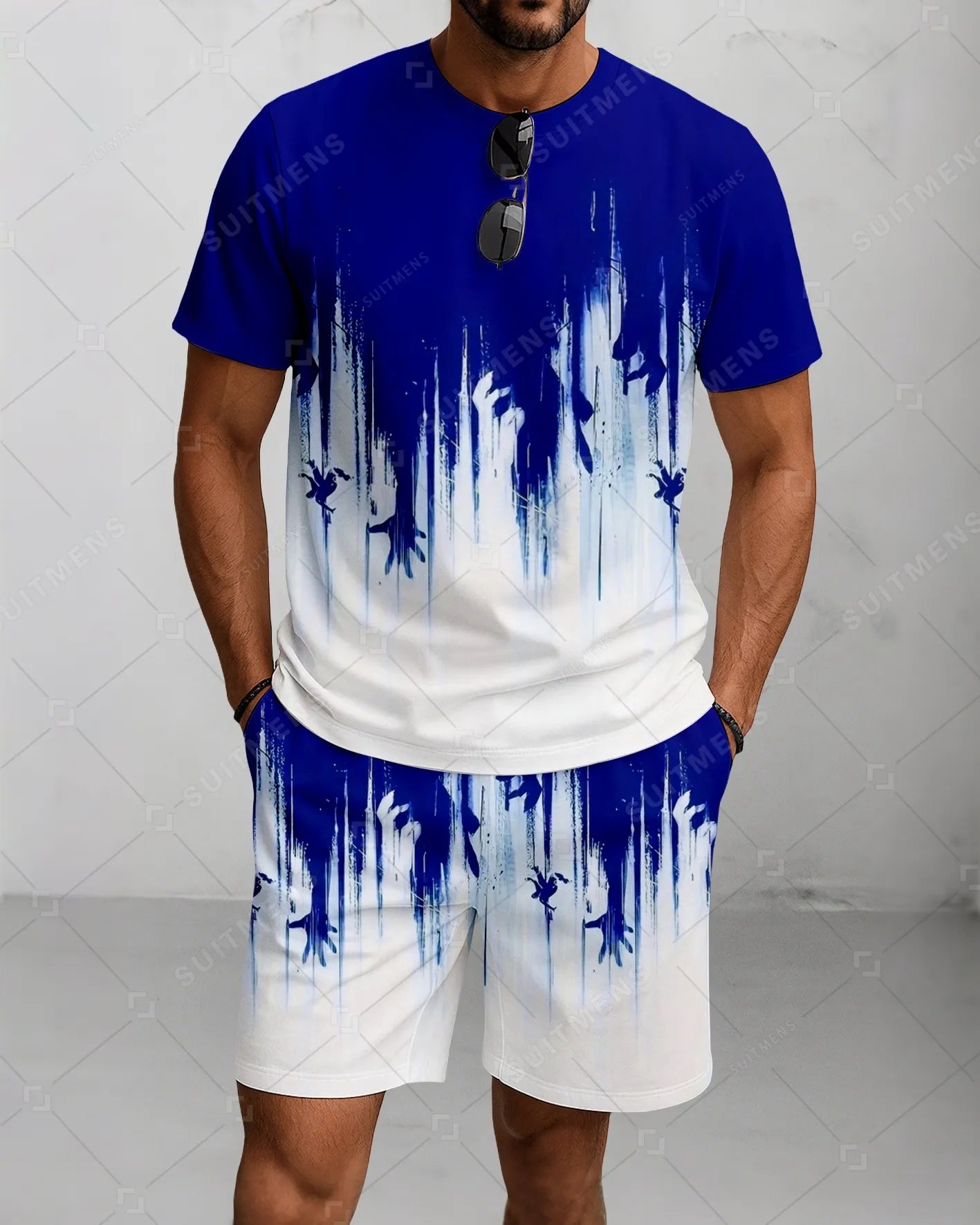 Men's Summer Colorblock Printed Round Neck Suit 056