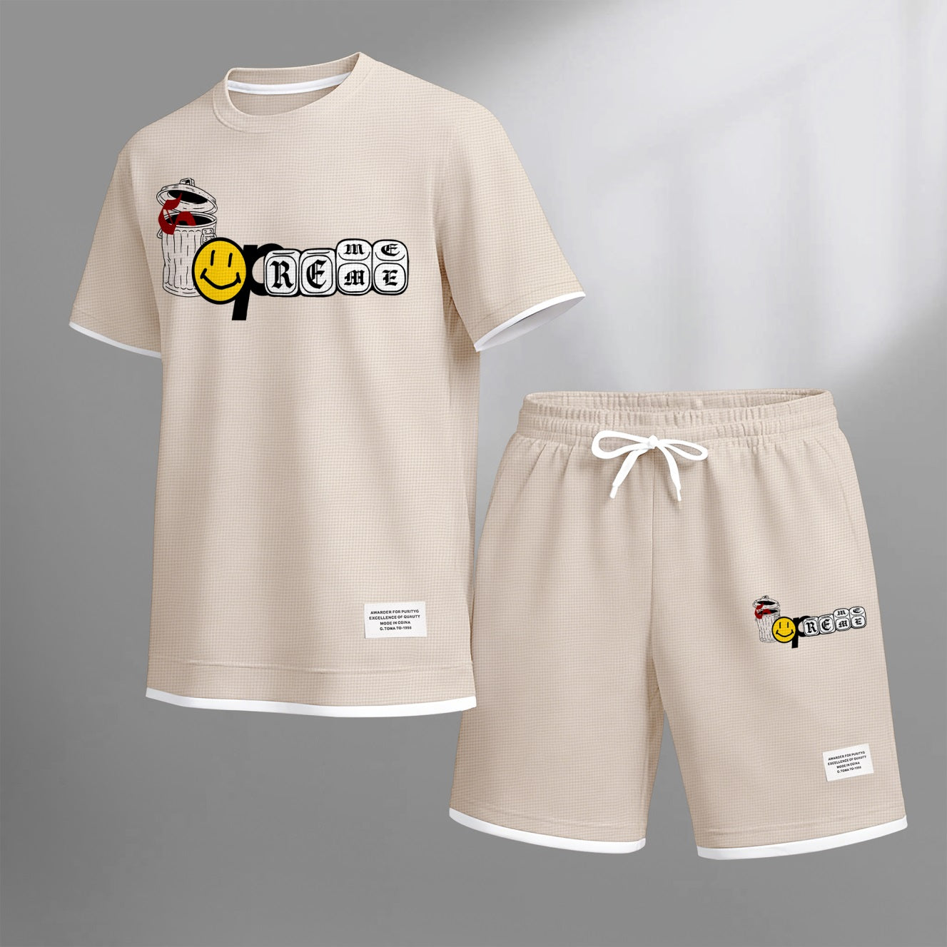 Men's Graffiti Collage Design Print Waffle Fabric Short-Sleeved Shirt And Shorts Set