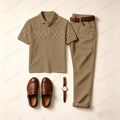 Men's Casual Dark Brown Plaid Printed Polo Shirt And Pants Two-Piece Set
