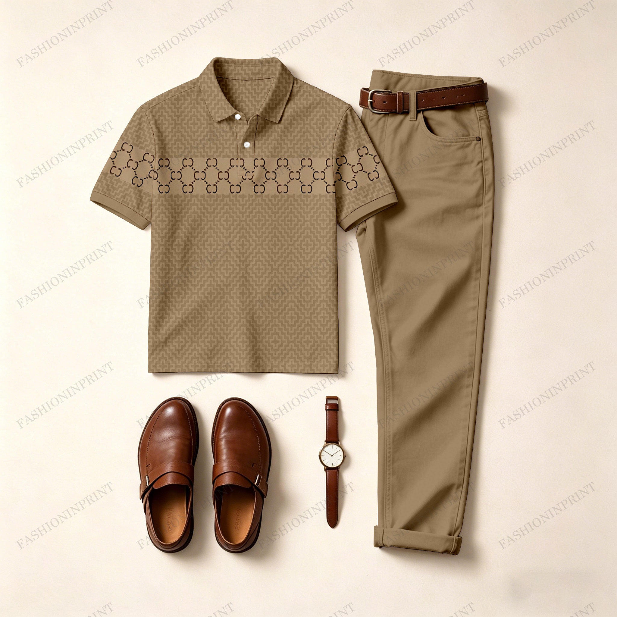 Men's Casual Dark Brown Plaid Printed Polo Shirt And Pants Two-Piece Set